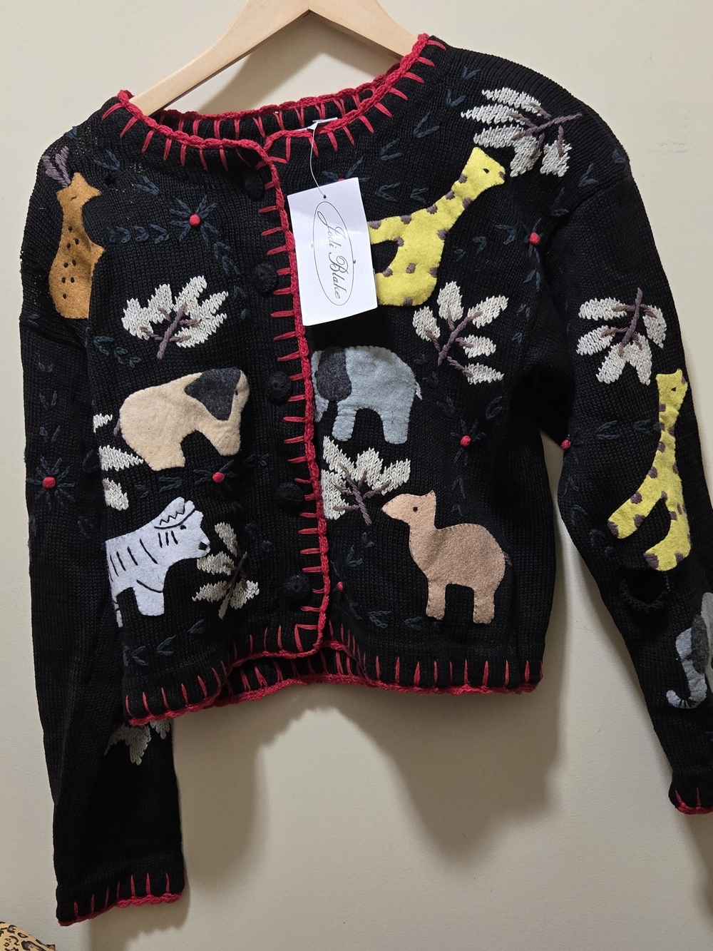 Kids Black Animal Patch Knit Cardigan with Pink Trim